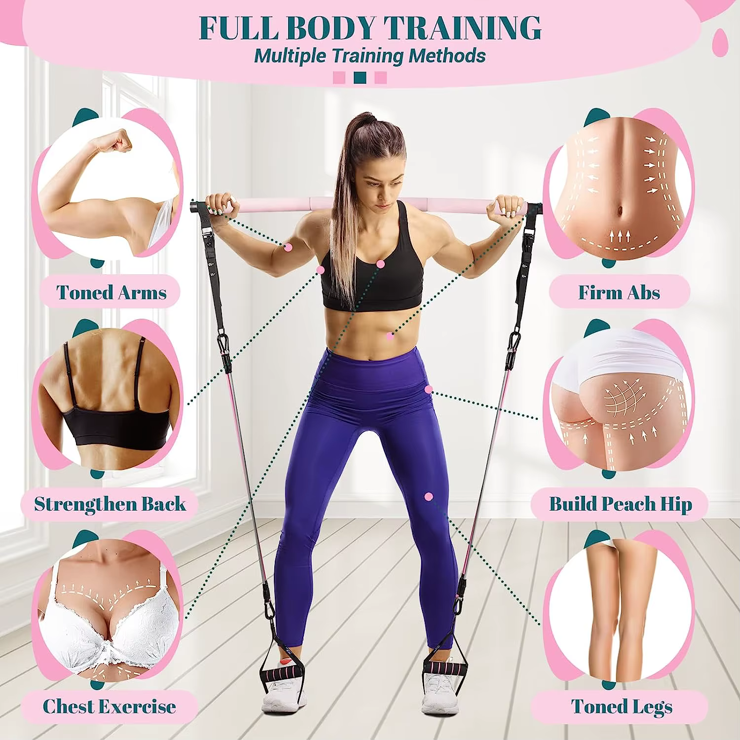Kit de barre de Pilates avec bandes de résistance, barre de Yoga multifonctionnelle, Kit de barre de résistance Portable pour gymnastique à domicile pour les entraînements complets du corps