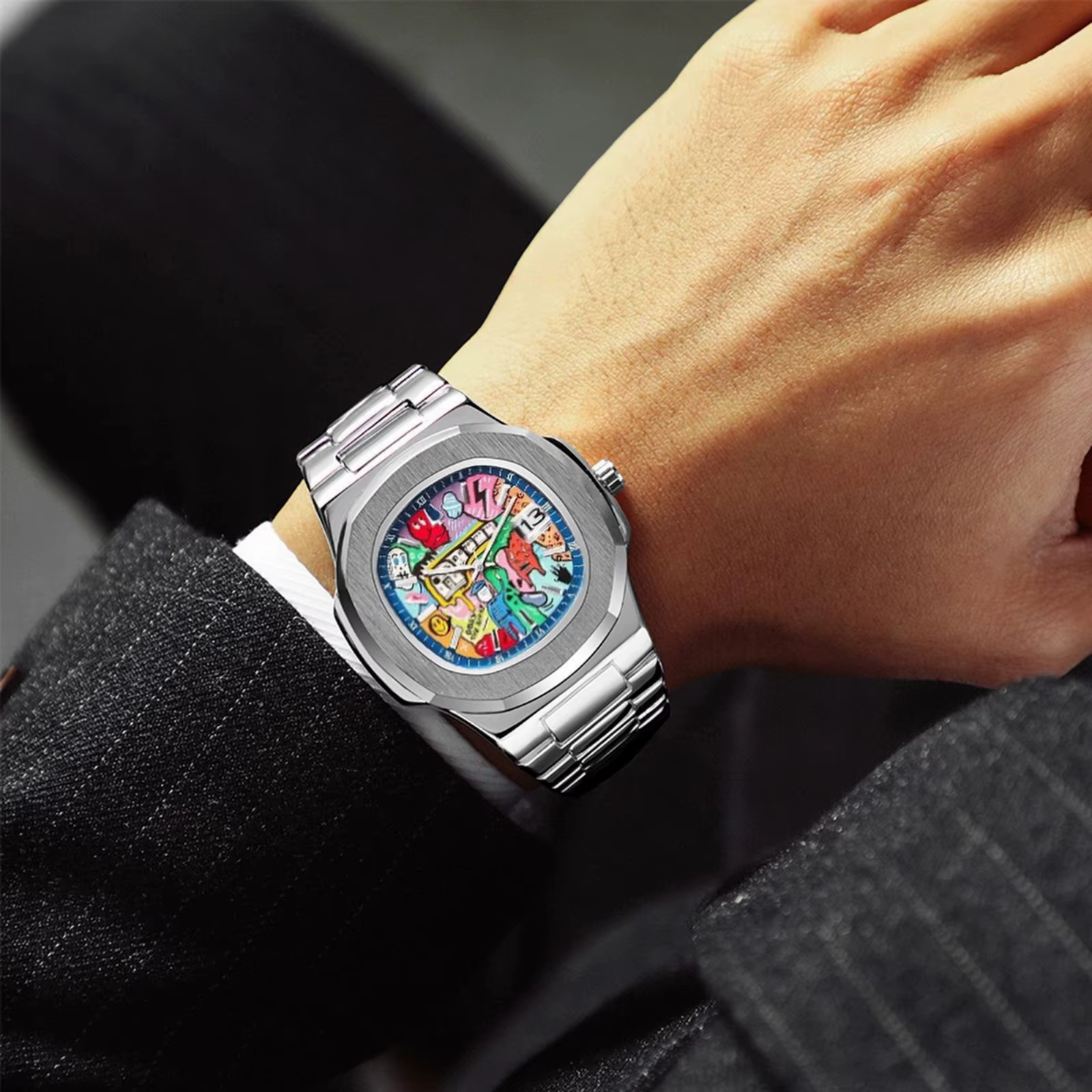 2025 nouveaux hommes carré trou de ver Concept montre étanche bracelet en acier Vintage
