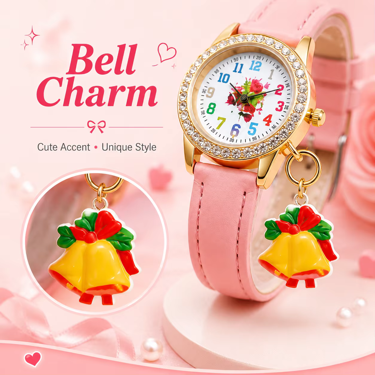 Montre de mode pour femme avec cadran floral numérique coloré, breloque cloche, lunette en strass dorés, bracelet réglable, disponible en 5 couleurs
