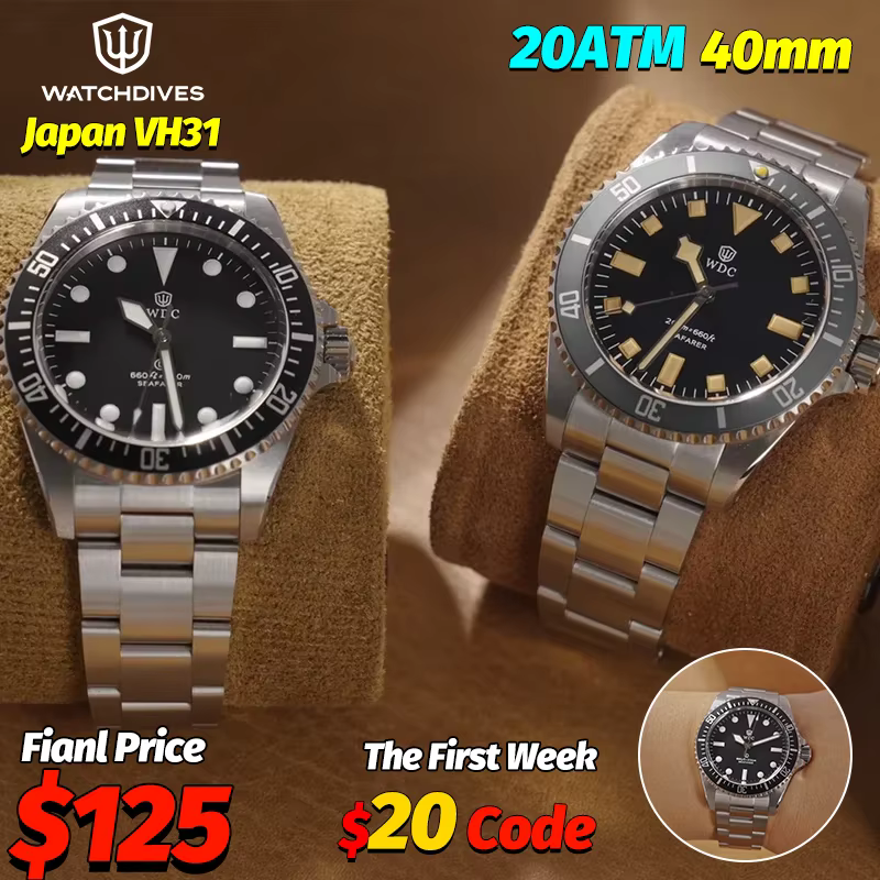 Watchdives WD5513Q Montre à quartz haut de gamme VH31 Mouvement à balayage Saphir AR Lumineux Étanche 20 bars Acier 40 mm Montre-bracelet rétro pour homme