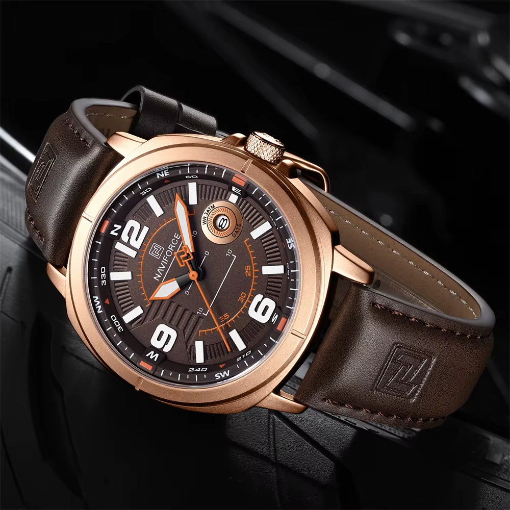 NAVIFORCE hommes montre-bracelet haut de gamme de luxe Auto Date montre d'affaires en cuir Sport militaire Original Quartz mâle horloge cadeau 8078