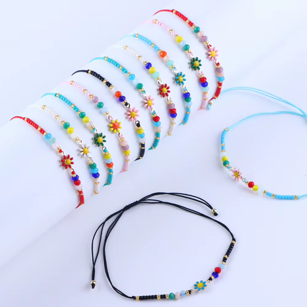 Bracelet en perles de fleur de marguerite pour femmes, 12 pièces/lot, mélange de couleurs, élastique, extensible, fait à la main, bijoux