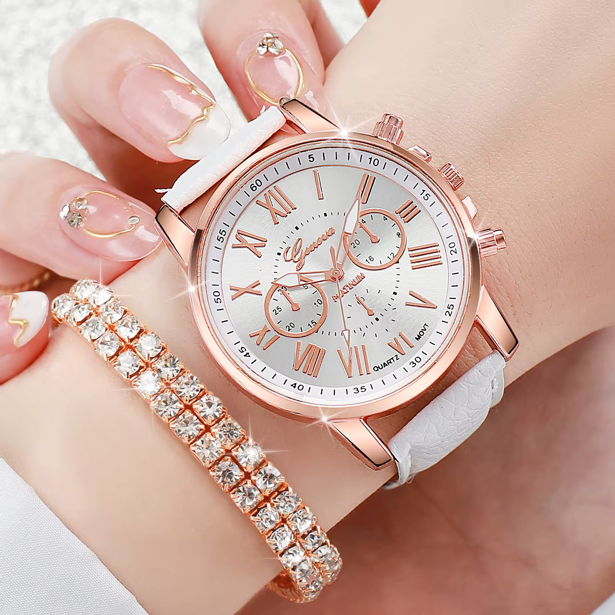 6 pièces/ensemble genève femmes montres bracelet en cuir décontracté montre-bracelet à Quartz diamant ensemble de bijoux (sans boîte)
