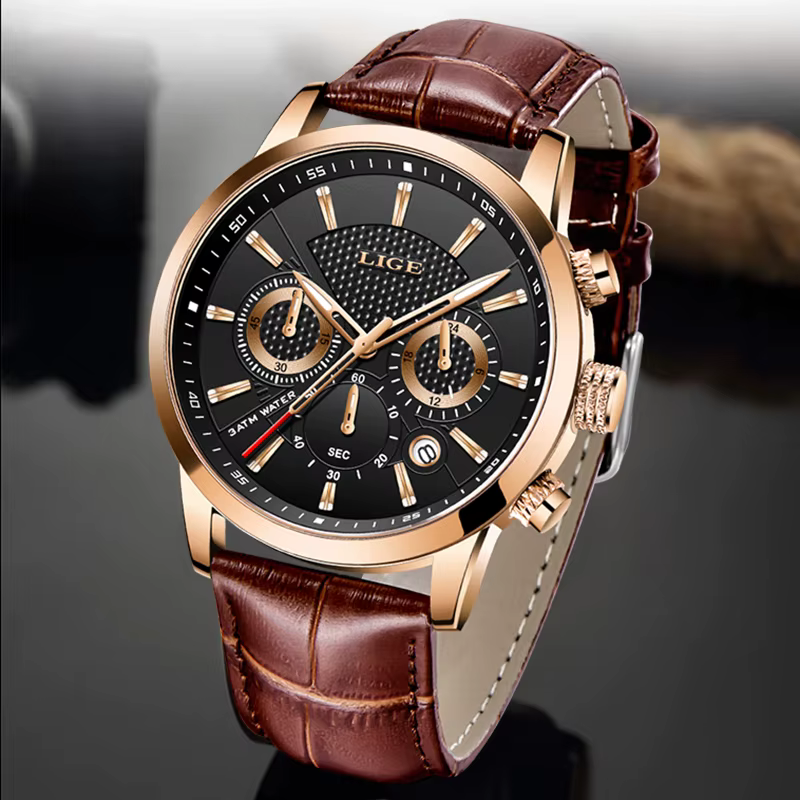 LIGE montre de luxe hommes en cuir Sport montres
