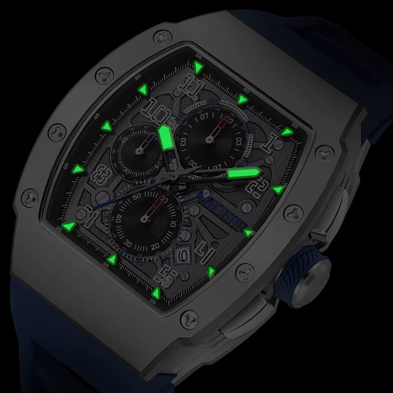 MEGIR chronographe montre à Quartz pour hommes mode étanche lumineux bracelet en Silicone 316 boîte en acier inoxydable mâle montre-bracelet Date