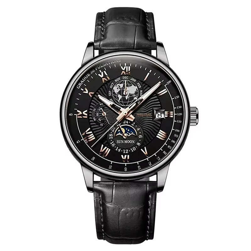 2025 montre pour hommes chronographe Phase de lune motif lumineux haut de gamme Sport homme montre-bracelet en cuir