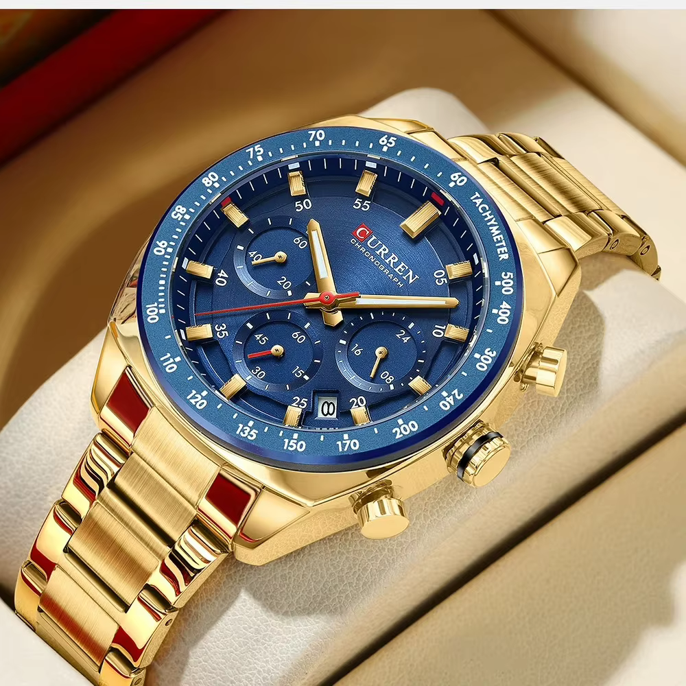 NOUVEAU CURREN 8497 Montre Chronographe Homme Bracelet Acier Inoxydable Aiguilles Lumineuses Date Étanche Quartz Relógio