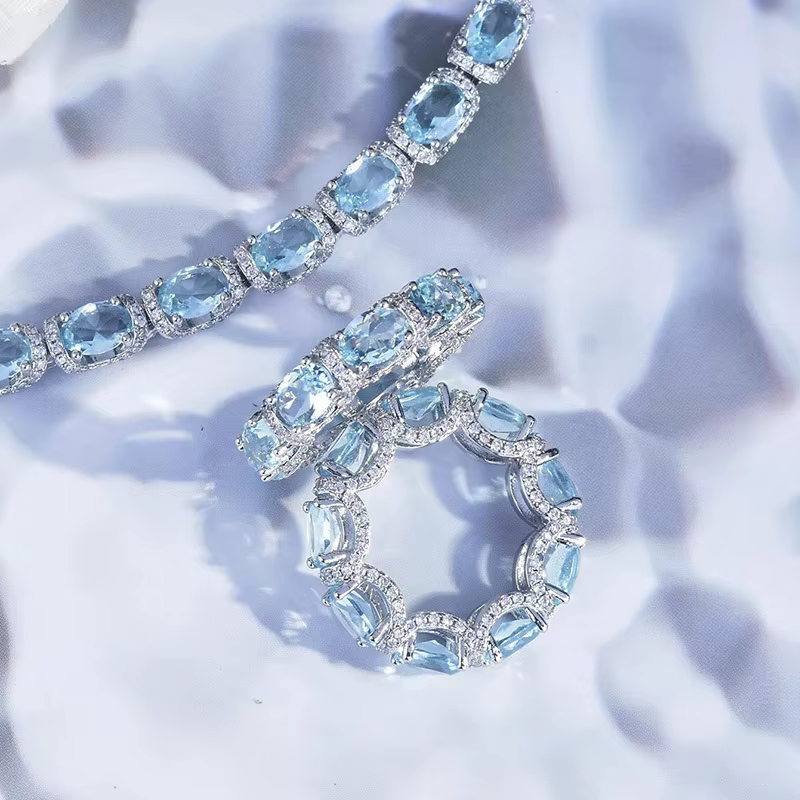Ensemble de bijoux à la mode pour femmes, Bracelet rond aigue-marine, ensemble de bagues en Zircon, accessoire de décoration de mariée, chaîne de luxe pour Banquet, cadeaux