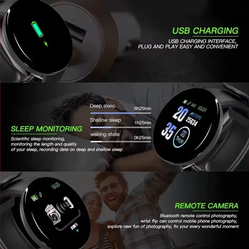D18 montre intelligente écran couleur circulaire plusieurs Modes de sport appel informations rappel Photo prise de musique Bracelet intelligent cadeau
