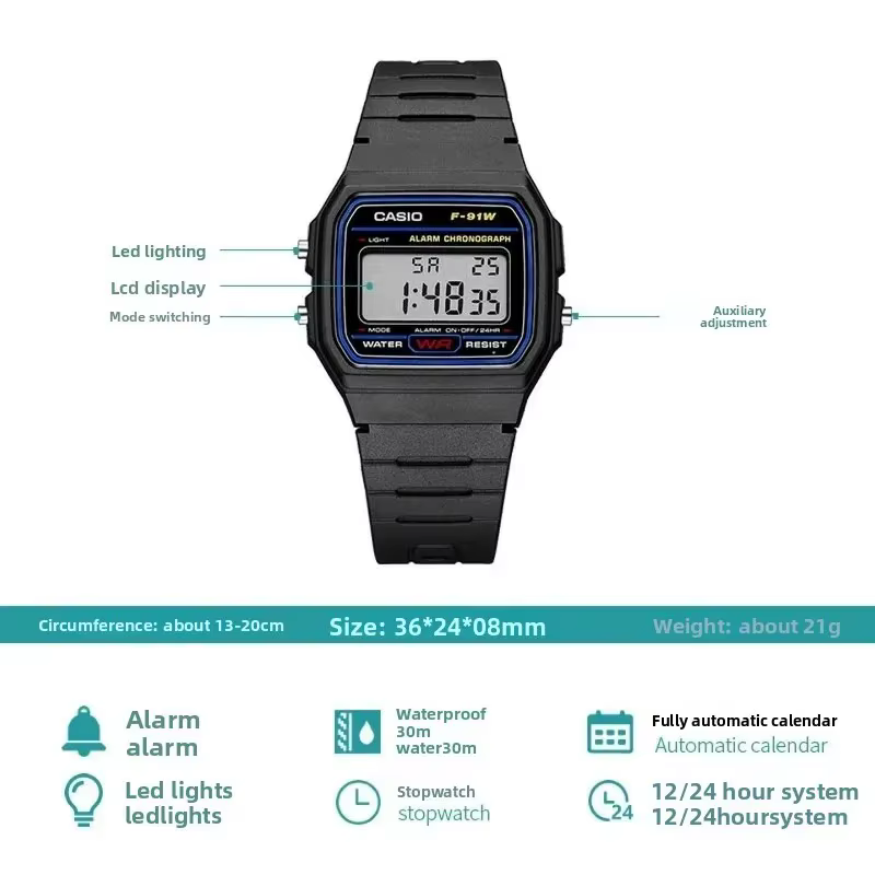 Montre carrée tendance et polyvalente Casio F-91W-1