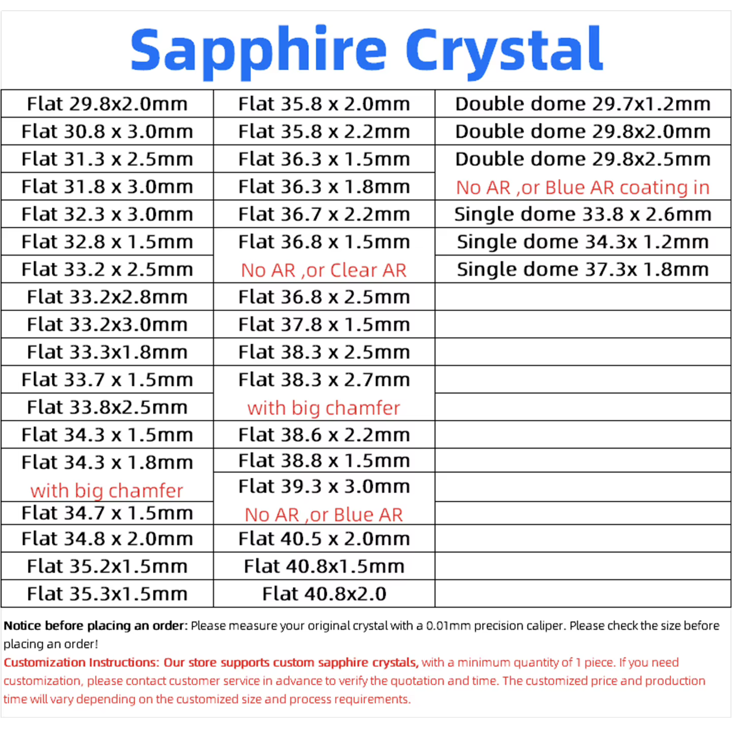 Verre saphir pour Citizen Crystal Flat 35.8x2.0 36.3x1.5 38.3x2.5 40.8x2.0mm