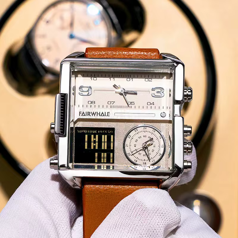 Mark Fairwhale montre électronique multifonctionnelle homme mode militaire bracelet en cuir carré Double affichage montre-bracelet à Quartz hommes