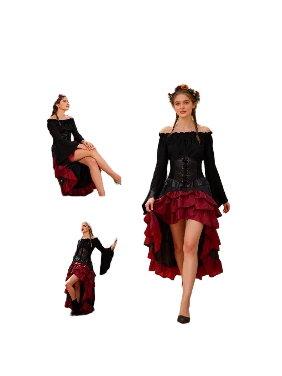 Costume de Capitaine Pirate Vintage pour Femme - Ensemble Corset Brodé Rétro et Jupe Superposée à Volants - Tenue Sexy de Femme Pirate