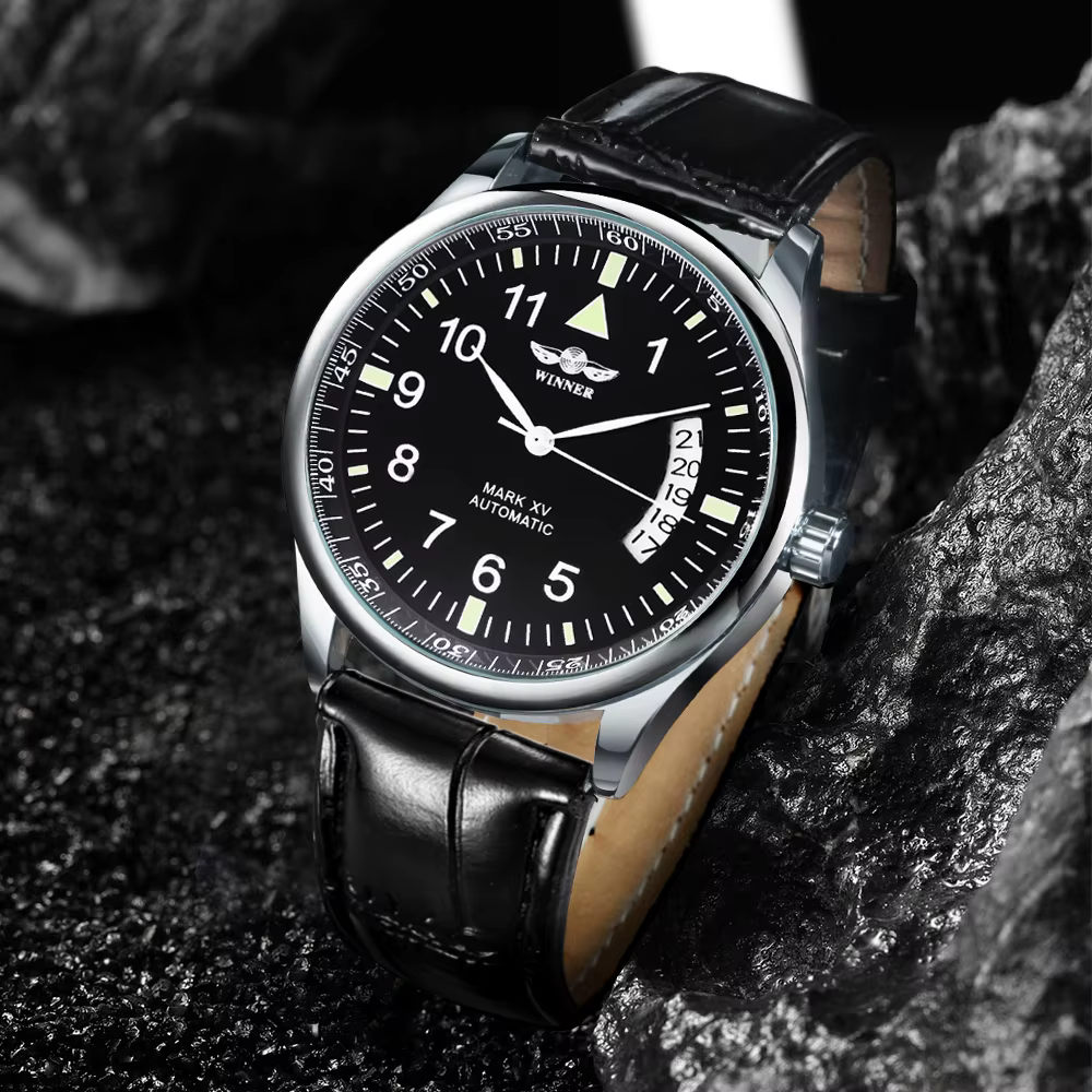 Montre automatique WINNER pour homme, fenêtre de calendrier, cadran noir tendance, bracelet en cuir tendance, montre mécanique de luxe de marque