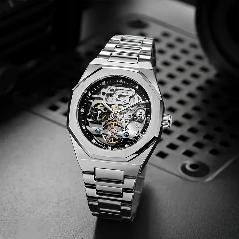 Montre mécanique automatique de luxe pour homme, design hexagonal unique et élégant, bracelet en acier inoxydable, cadeau idéal pour lui, montre de luxe pour homme | Bracelet à la mode | Cadran tr