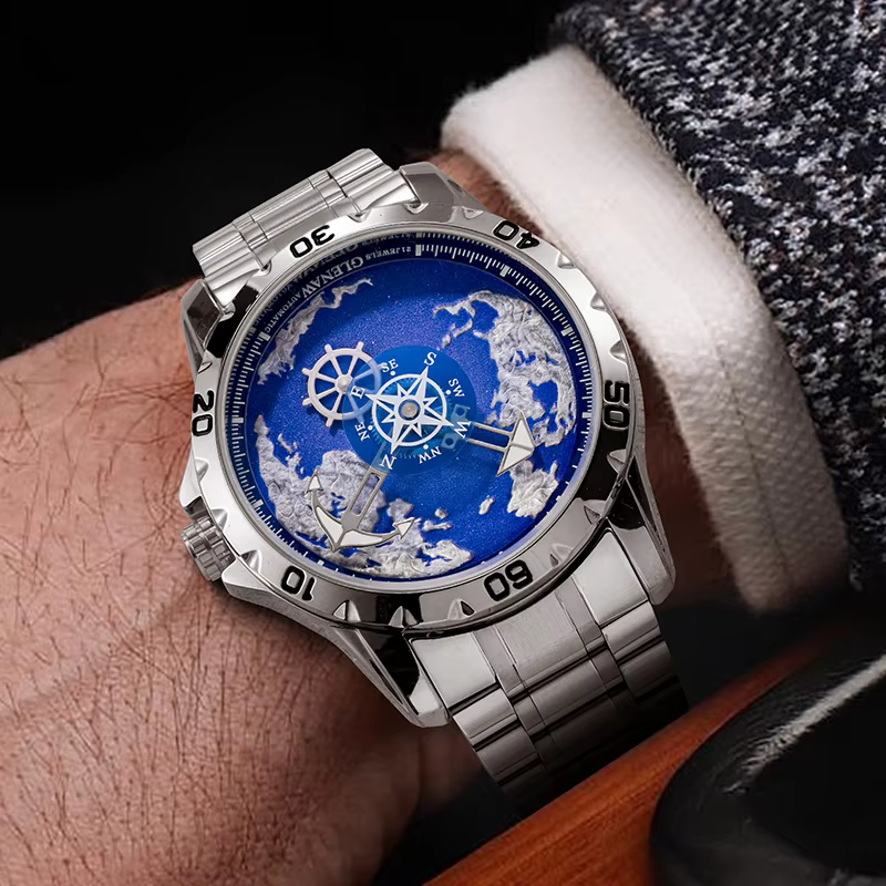 GLENAW Top marque hommes montre de luxe en acier inoxydable horloge lumineuse décontracté Chic étanche
