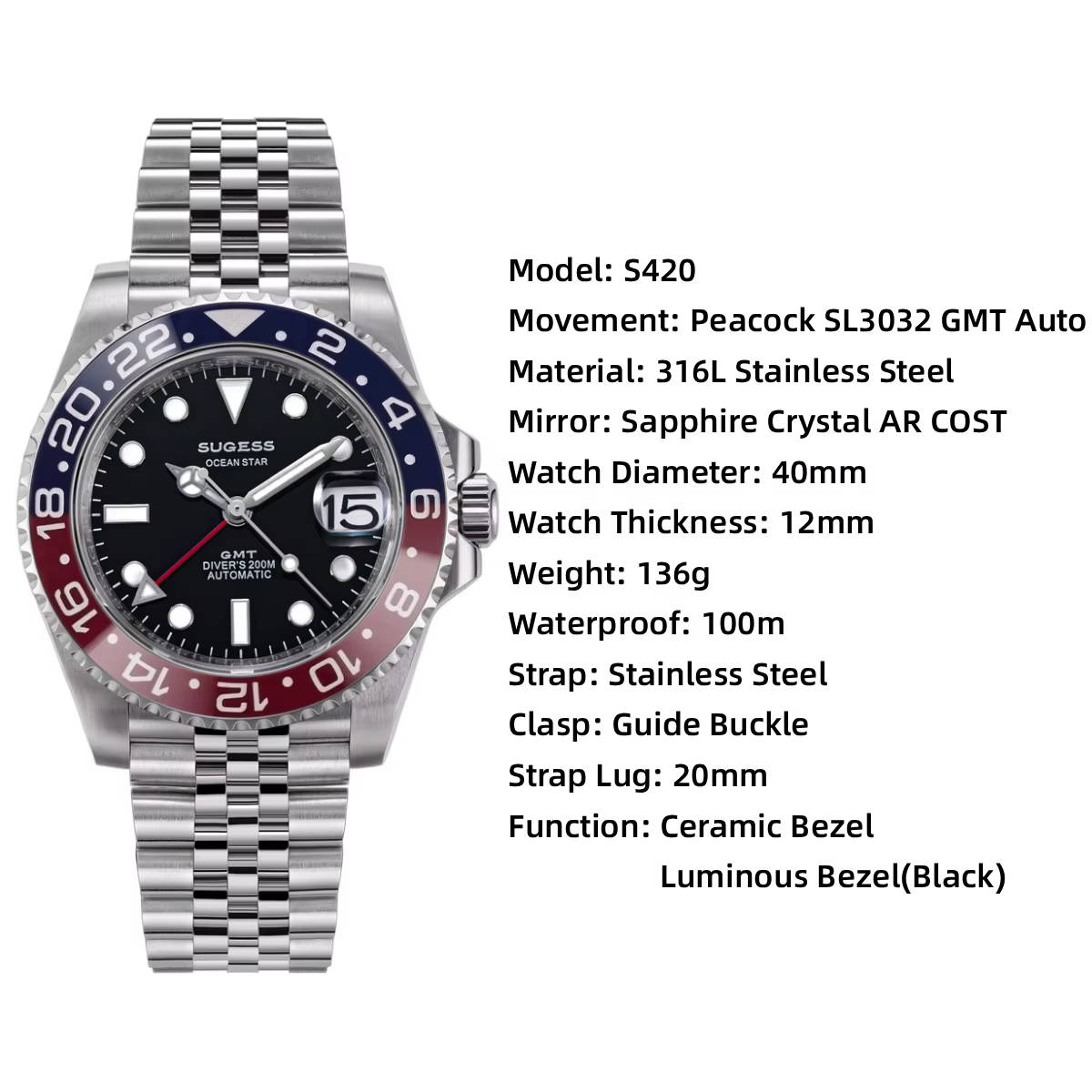 Sugess GMT – montre de plongée pour hommes