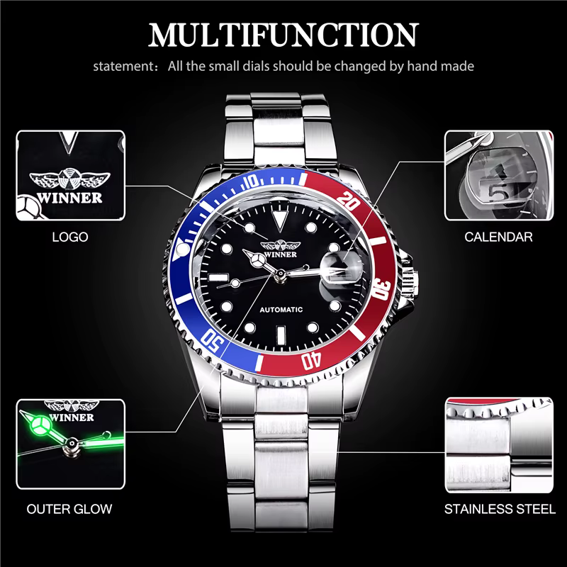 WINNER 002 montre-bracelet mécanique automatique pour hommes aiguilles lumineuses Date mode acier inoxydable et bracelet en cuir horloge cadeaux