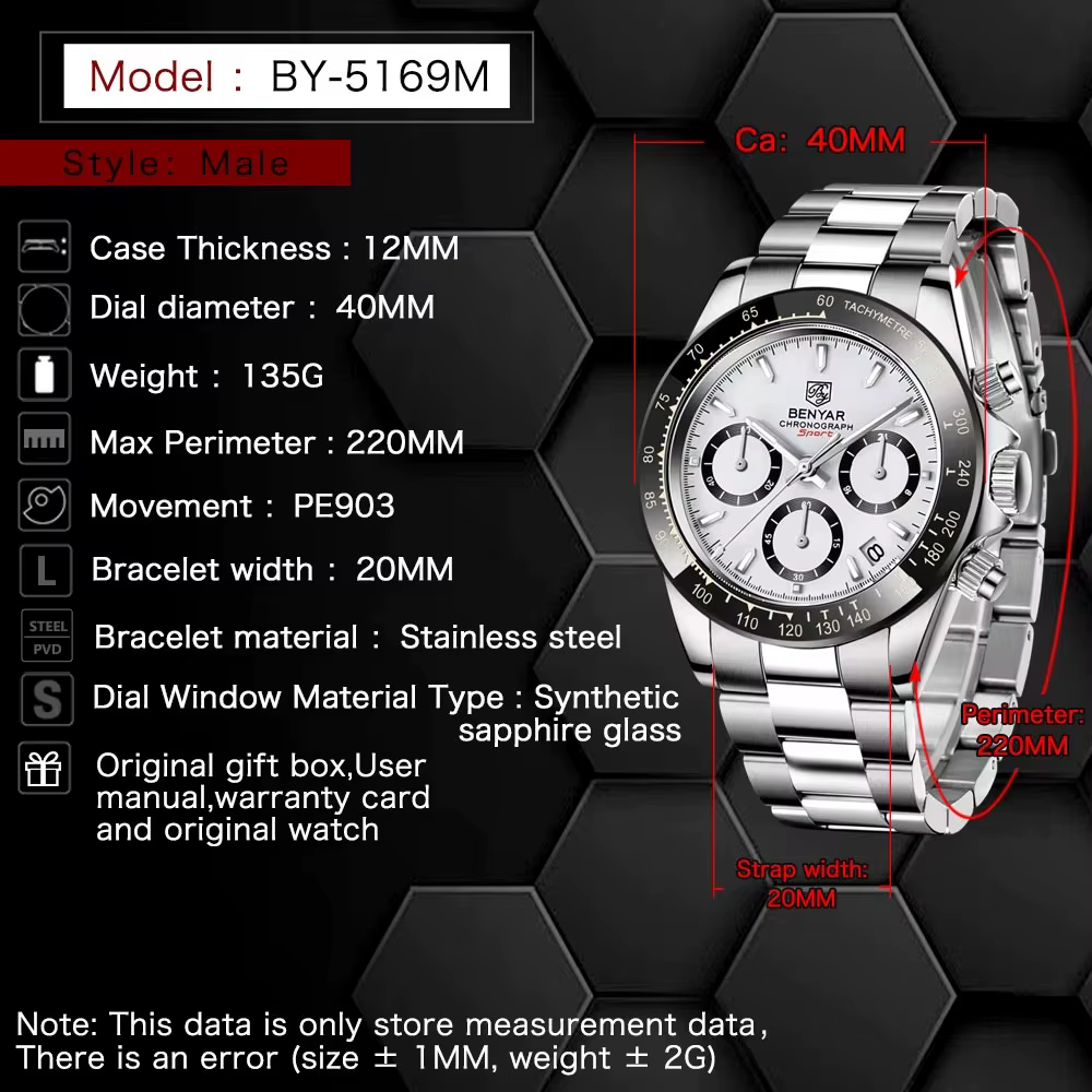 BENYAR 2026 nouveaux hommes montre 40mm montre-bracelet à Quartz classique de luxe chronographe en acier inoxydable