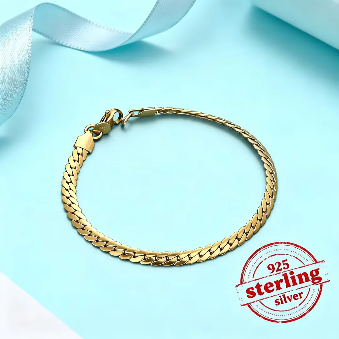 Bracelet en argent sterling 925 plaqué or 18 carats, chaîne plate de 5 mm / 20 cm pour femme et homme, bijoux de mariage et de fiançailles