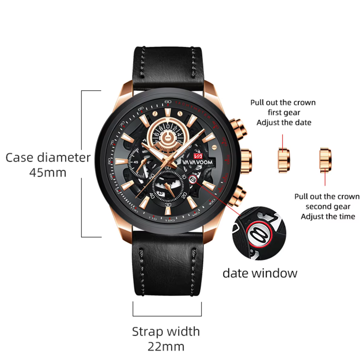 VA VA VOOM marque hommes montre en cuir mode équipement industriel horloge 45mm or Quartz mouvement étanche homme
