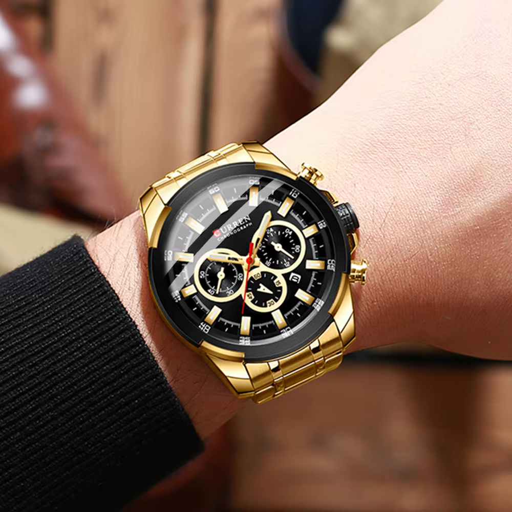 CURREN montre chronographe pour hommes 48mm grand cadran avec bracelet en acier inoxydable triple sous-cadrans montre-bracelet de Sport à Quartz de luxe