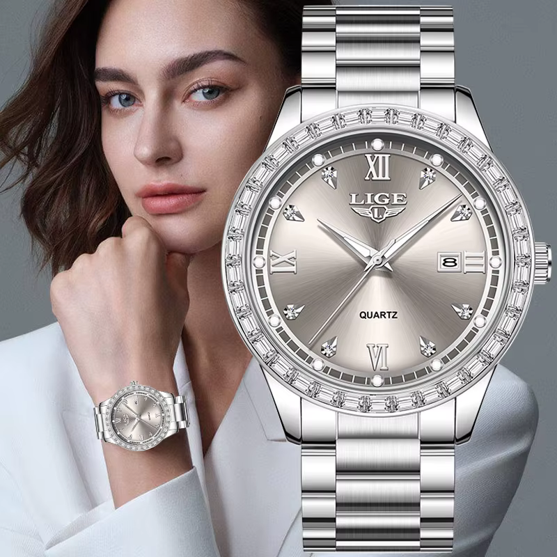 LIGE montre pour femme élégante mode horloge étanche lumineuse en acier inoxydable