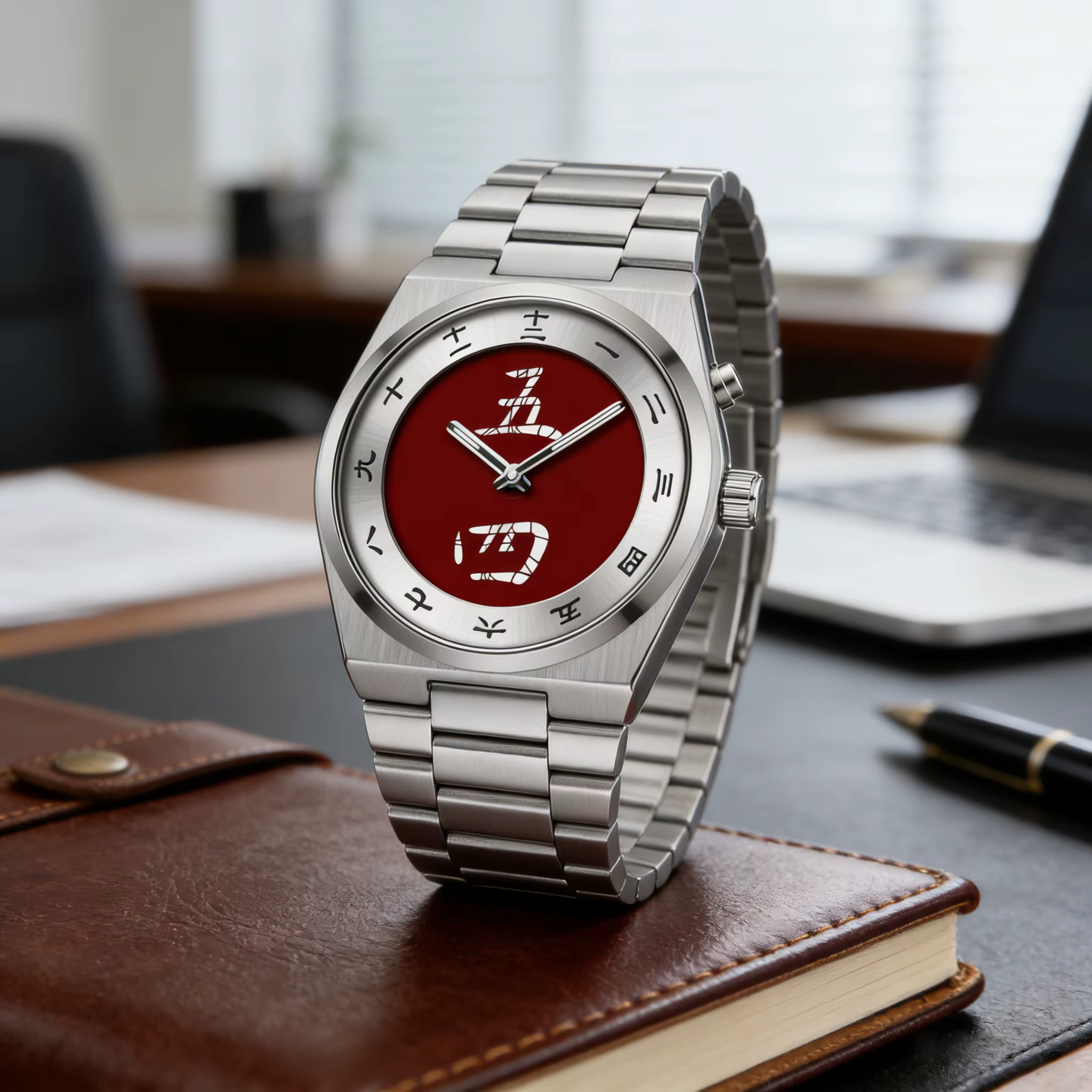 Montre à cadran avec caractères chinois pour homme - Montre-bracelet à quartz vintage avec bracelet en acier inoxydable