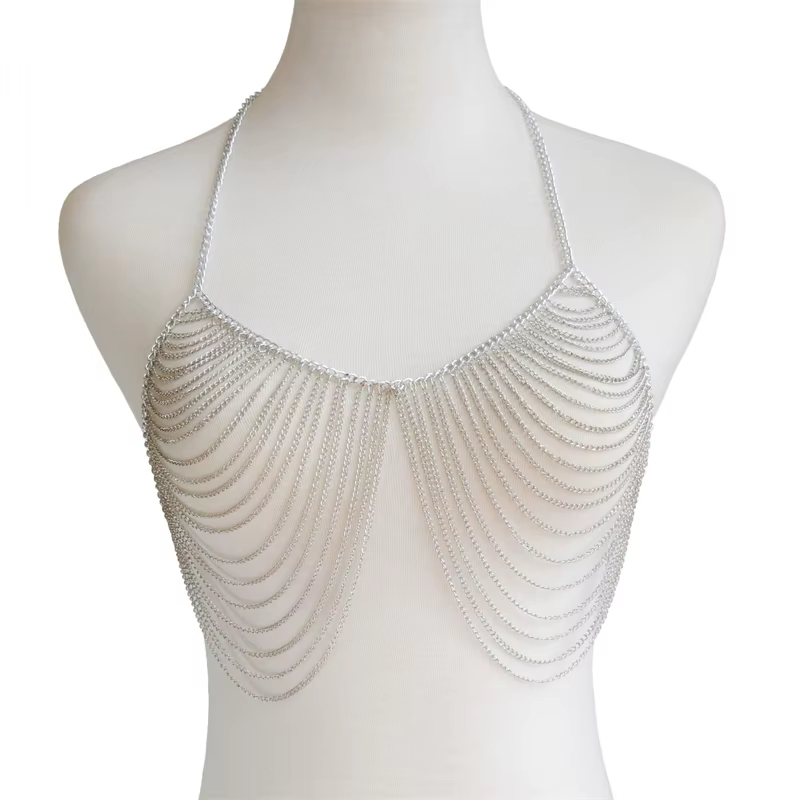 Chaîne de corps pour femmes, accessoire d'halloween, Lingerie Sexy, bonnet à pompon, soutien-gorge, haut court, multicouche, vêtements de boîte de nuit, bijoux de fête, automne 2024