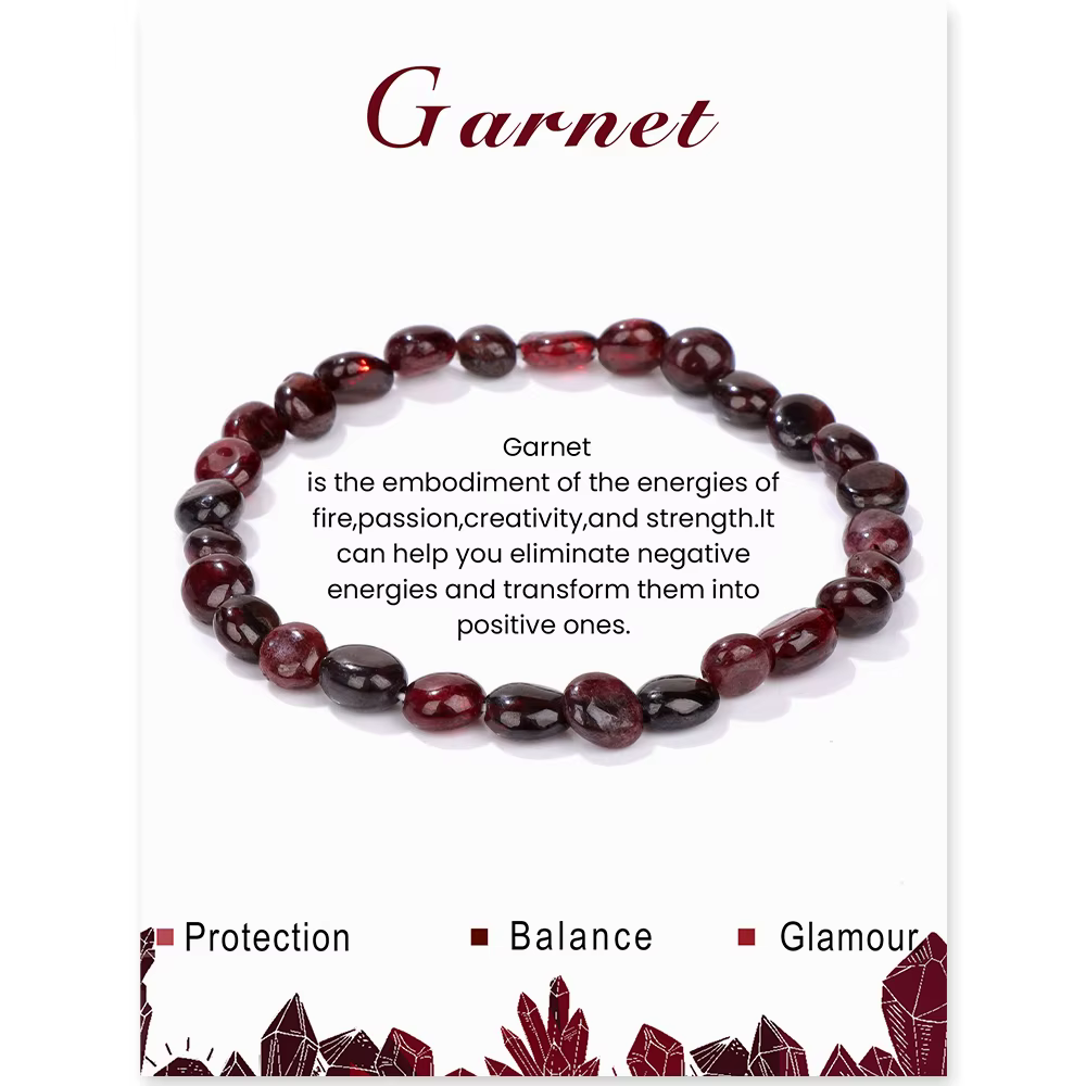 Bracelets de perles de grenat rouge naturel pour femmes et hommes, puce irrégulière, gravier, pierres de quartz rondes, avec carte, bijoux