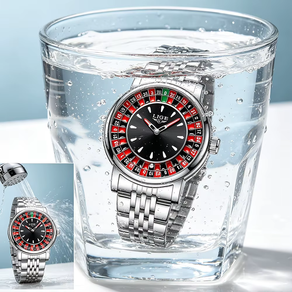 Montre Homme LIGE Tendance en Cuir Marron avec Cadran Rotatif Thème Roulette de Las Vegas
