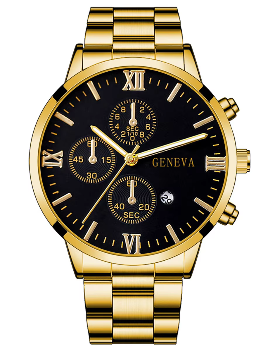 Ensemble de 4 montres à quartz pour hommes en alliage d'or avec calendrier romain et collier croix