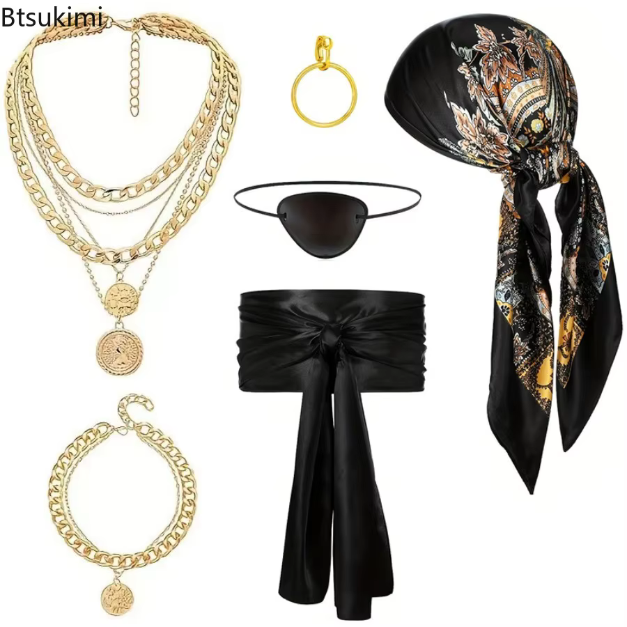 Accessoires de costume de pirate médiéval et de la Renaissance pour femmes et hommes, ensemble vintage de foulard, ceinture, collier et bracelet, tenue de fête d'Halloween