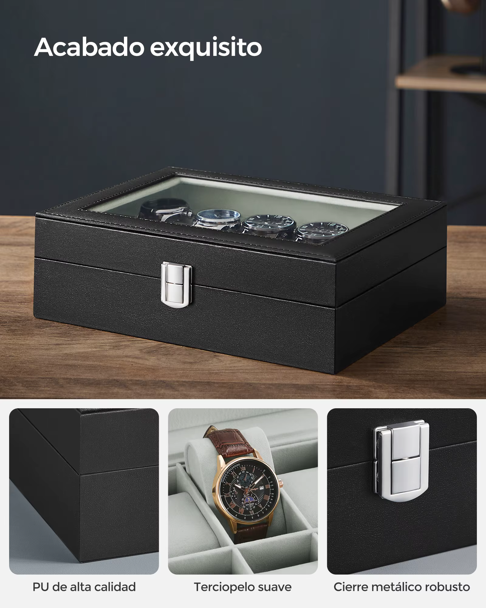 Boîte de présentation de montres à 10 compartiments avec couvercle en verre transparent