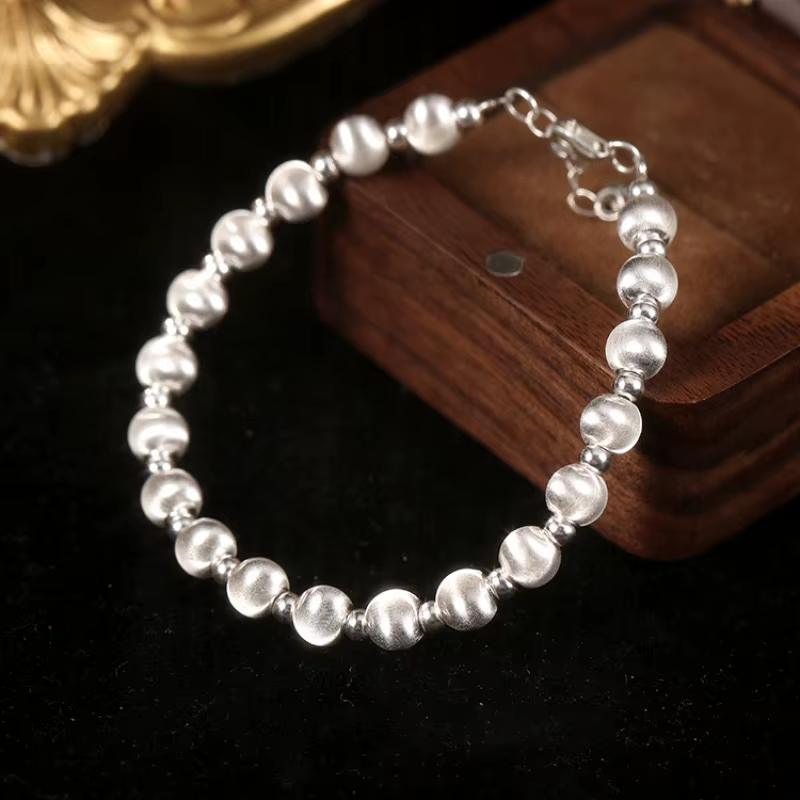 100% Solide 925 Sterling Argent Beeds Bracelet pour Femmes Hommes Vintage Fait Main Moraillon Bracelet Cadeau D'anniversaire S-B451