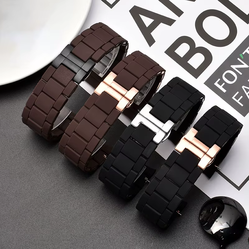 Bracelet de montre en acier plaqué caoutchouc silicone blanc et noir