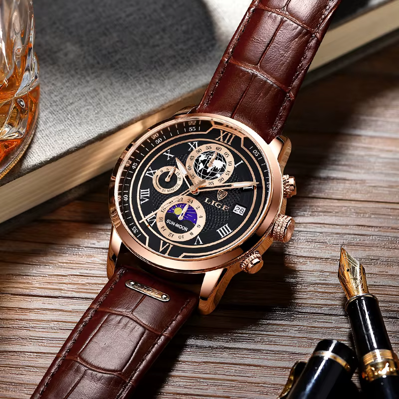 Nouvelles Montres Hommes 2026 LIGE Marque Haut de Gamme Cuir Chronographe Étanche Sport Automatique Date Quartz