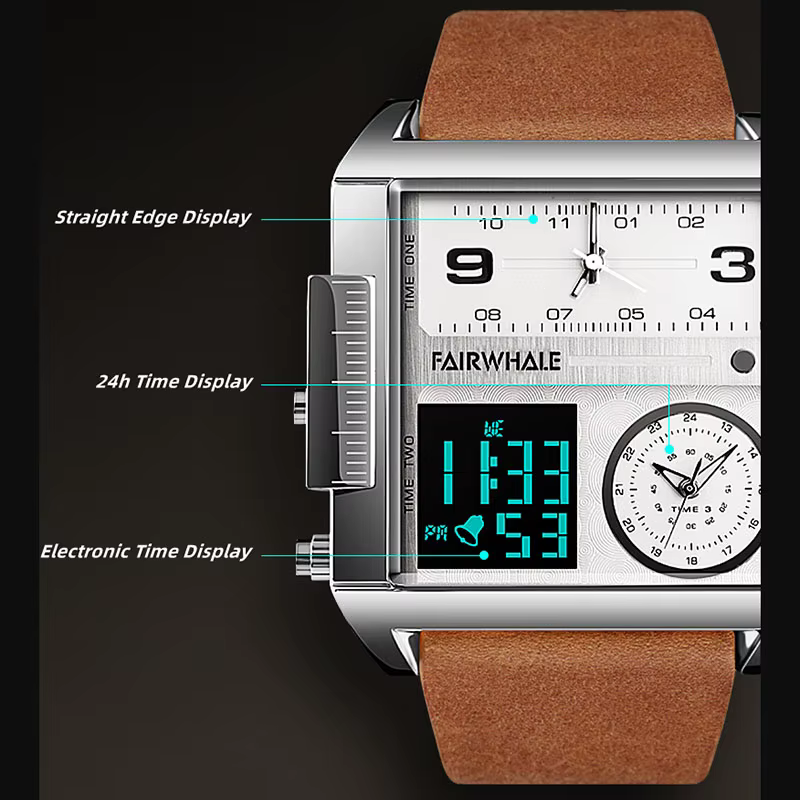 Mark Fairwhale montre électronique multifonctionnelle homme mode militaire bracelet en cuir carré Double affichage montre-bracelet à Quartz hommes