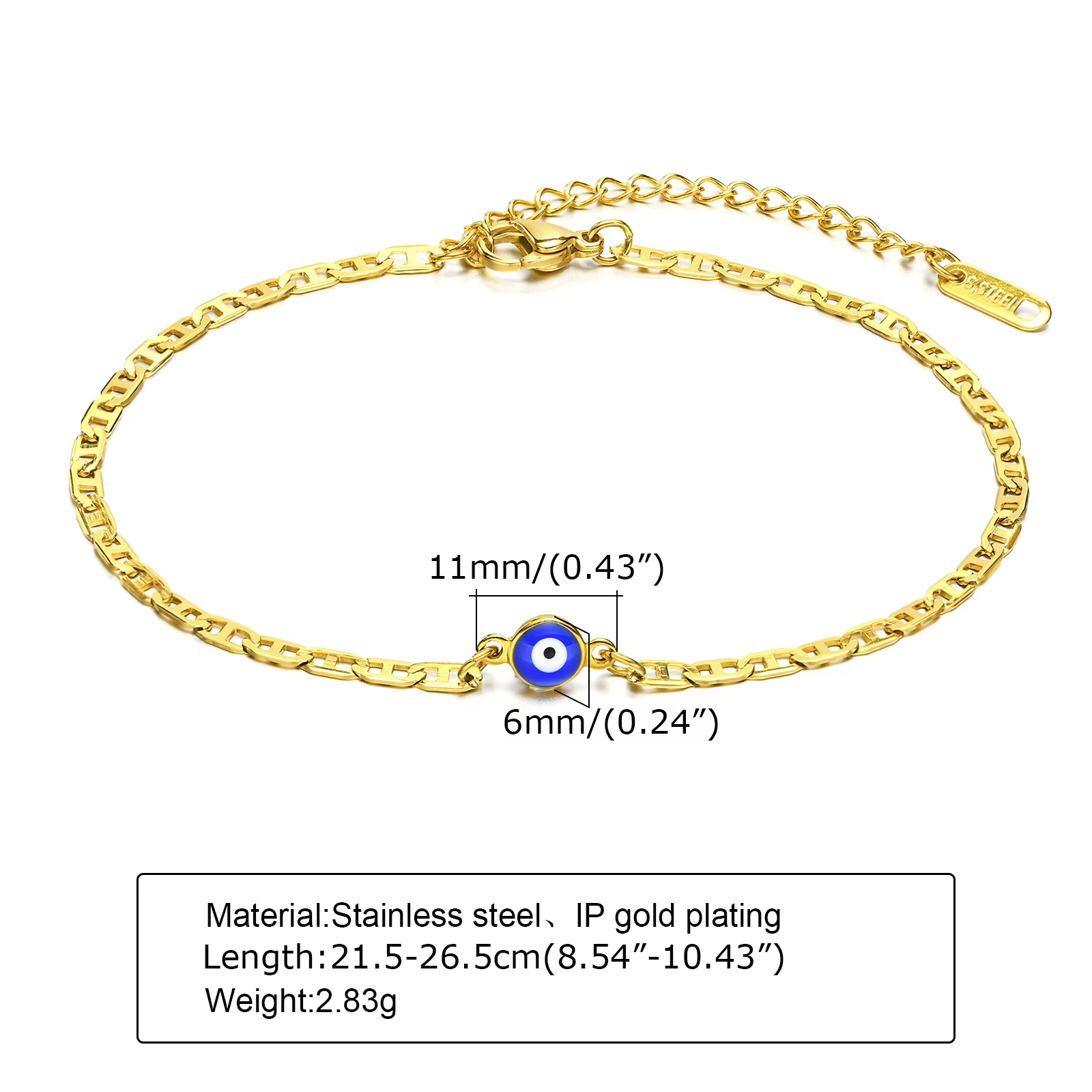 Bracelets de cheville pour hommes, cheville turquie mauvais œil bleu. Bracelet de cheville à maillons Mariner plats en acier inoxydable, chaîne Ancho, bijoux pour femmes