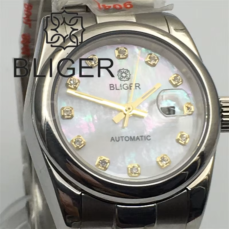 BLIGER 31m montre pour femme verre saphir or Rose marron blanc cadran nacre avec argent or diamant Index étanche Date