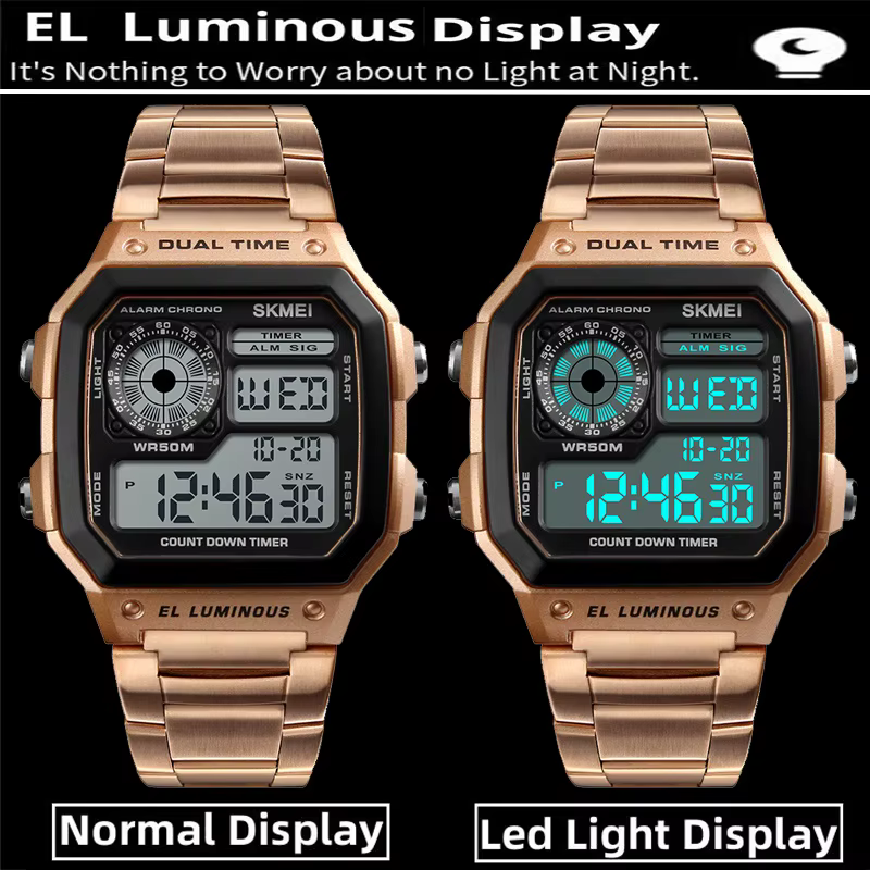 Skmei-Montre numérique en acier inoxydable pour homme