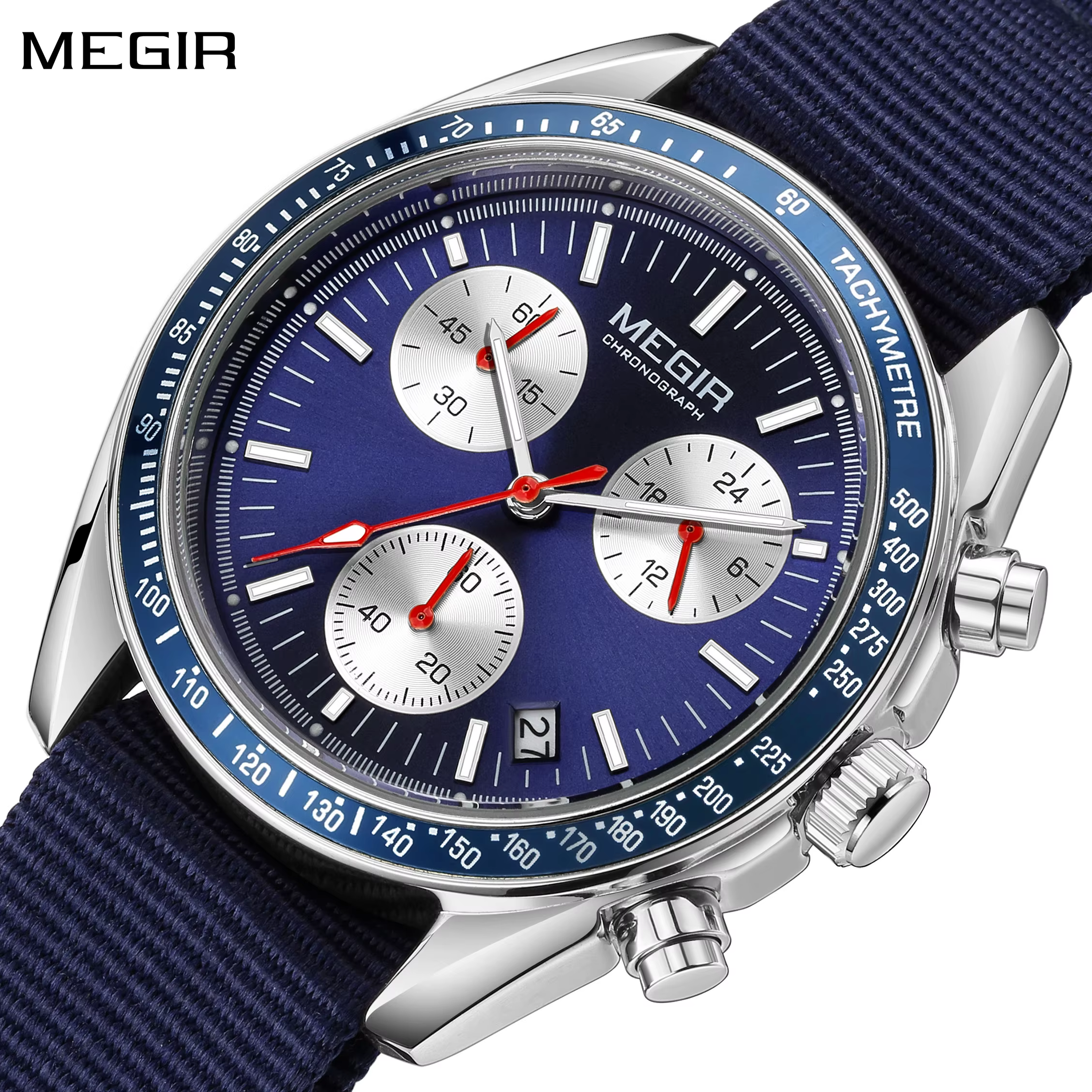 MEGIR montres à Quartz de luxe pour hommes bracelet en toile bleue Sport loisirs chronographe lumineux étanche mâle montre-bracelet horloge 2247