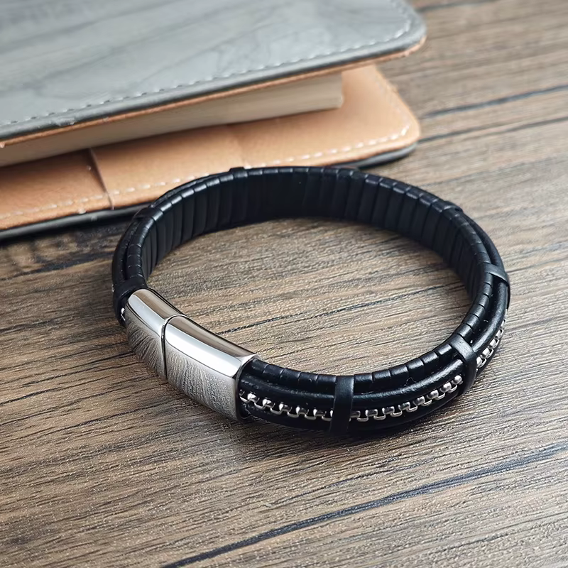 Bracelet en cuir et acier inoxydable pour homme
