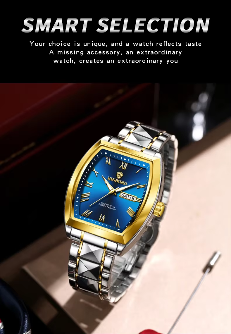 BINBOND 2 pièces Couple montres mode carré montre à Quartz pour amoureux étanche lumineux Date semaine hommes dames Valentine montre-bracelet