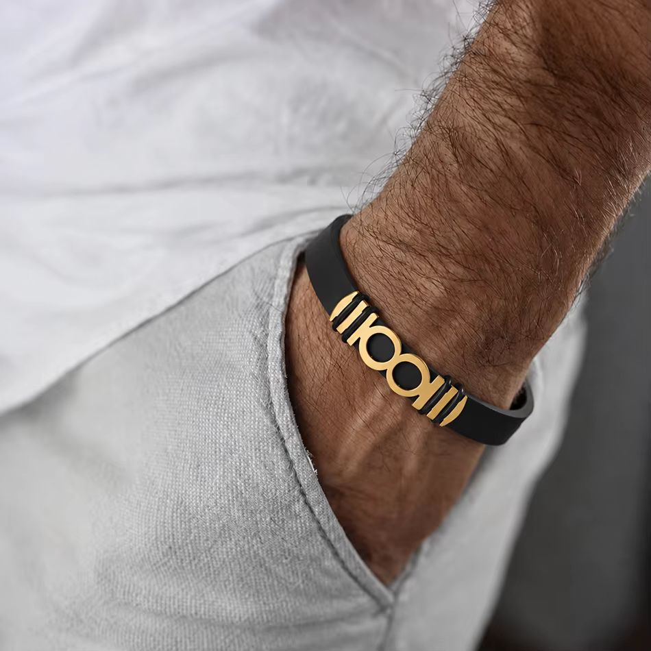 Bracelet infini pour homme et femme, bracelet en silicone noir avec incrustation en acier inoxydable, 8 symboles de l'amour éternel et de la promesse à jamais