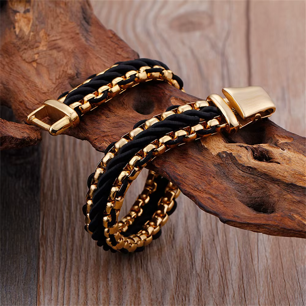 Bracelet en corde de nylon tressée vintage pour hommes, 12 mm de large, maillons en acier inoxydable doré, bracelet de luxe, bijoux, meilleur cadeau pour petit ami