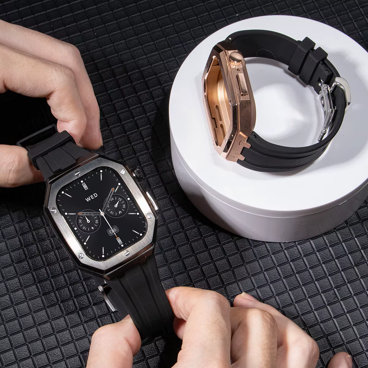 Boîtier en métal + bracelet en silicone pour Apple Watch Series 11 10 9 87SE/6/5/4 46mm 45mm 44mm, bracelet en caoutchouc, kit de modification de luxe en acier inoxydable