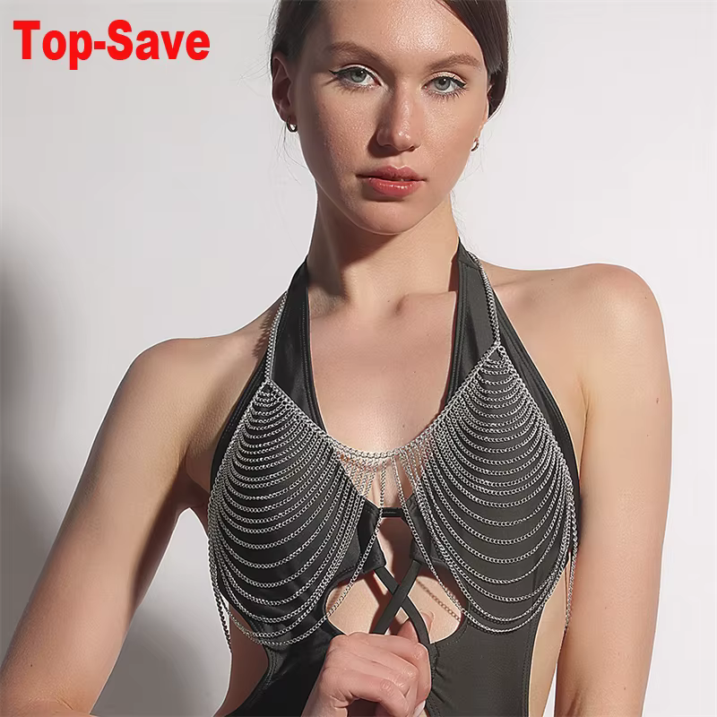 Chaîne de corps pour femmes, accessoire d'halloween, Lingerie Sexy, bonnet à pompon, soutien-gorge, haut court, multicouche, vêtements de boîte de nuit, bijoux de fête, automne 2024