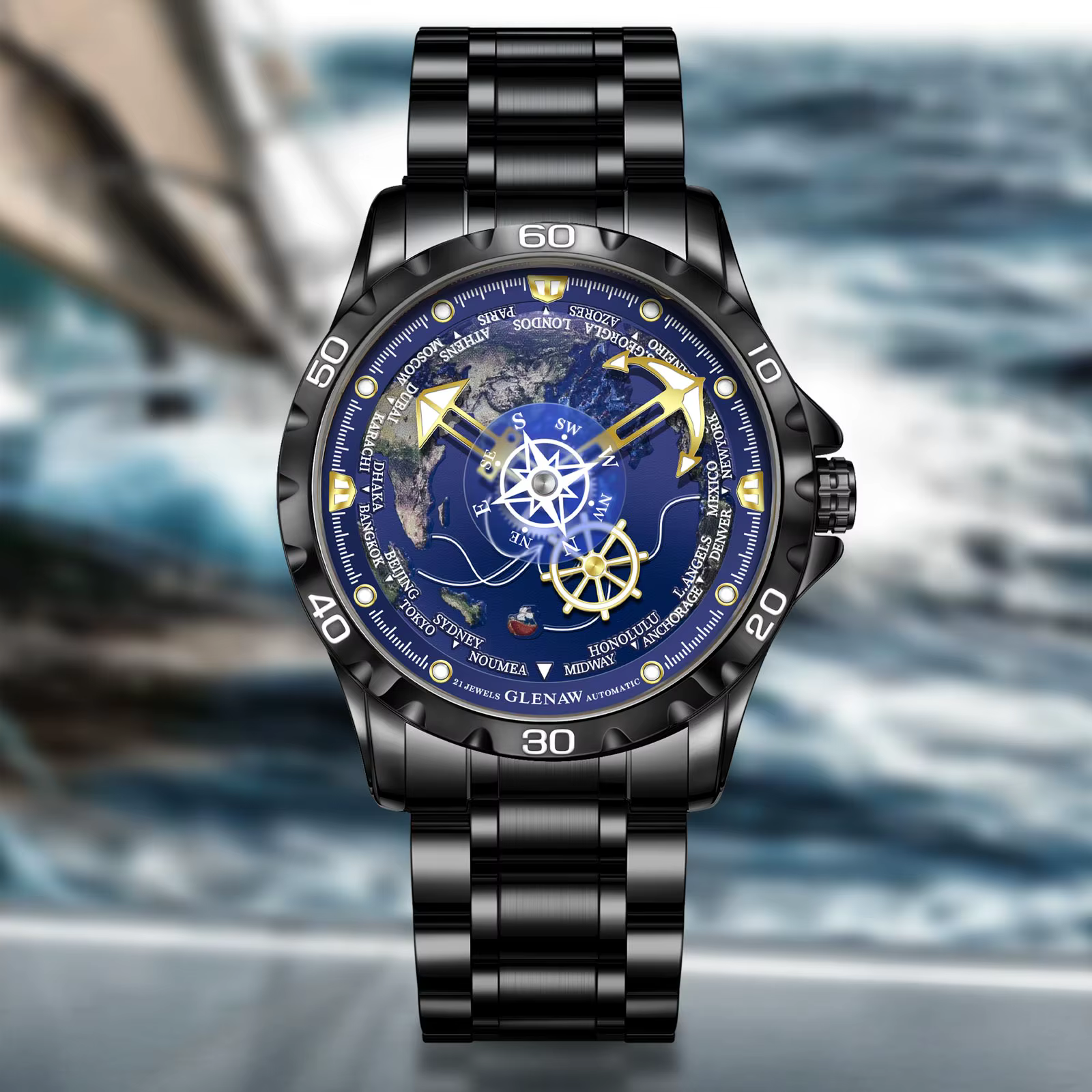Glenaw Navigator Series Montre mécanique entièrement automatique Globe double couleur or et argent