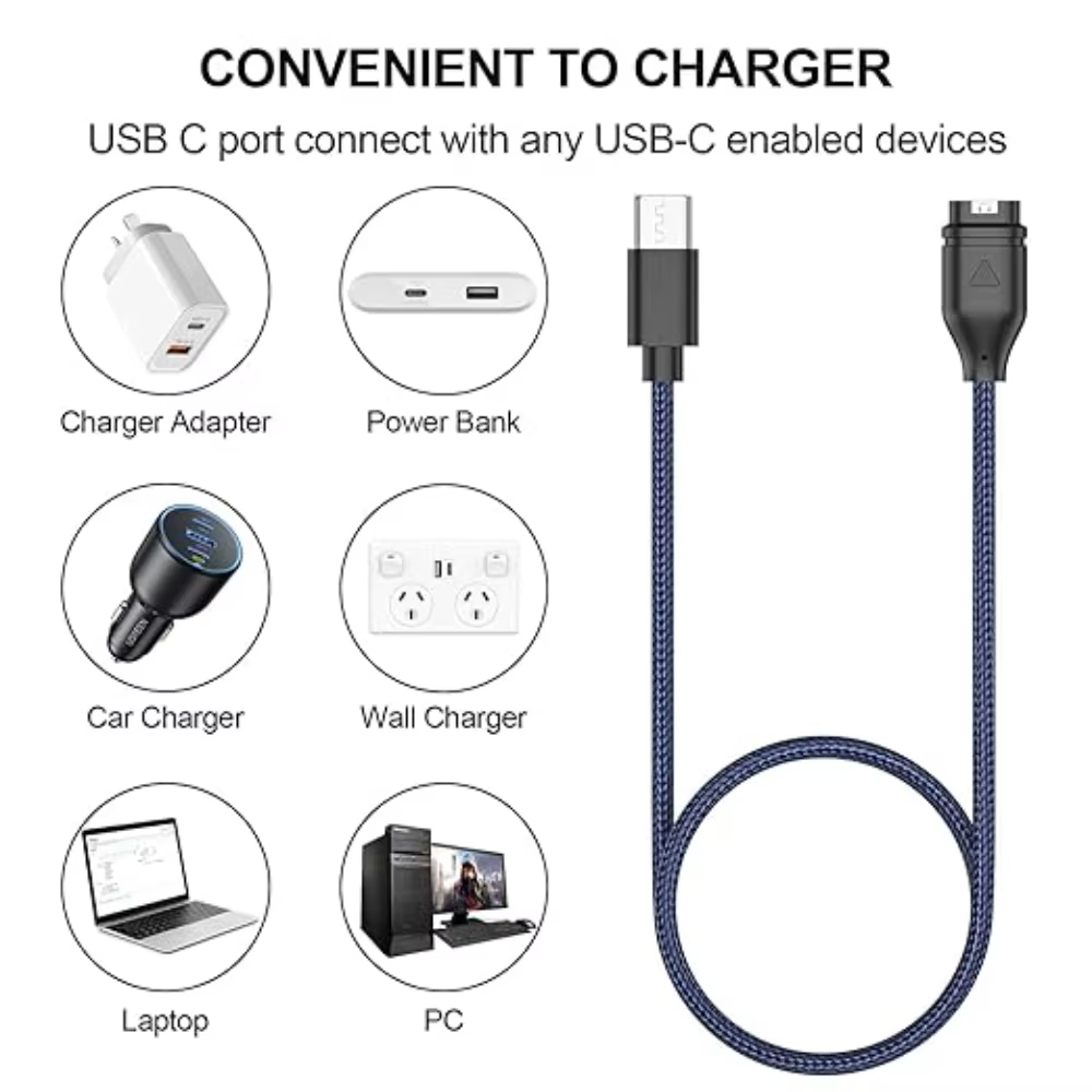Chargeur de remplacement tressé pour Garmin Fenix 8 7 7S 7X Pro 6 6S 6X Pro 5 5S 5X Plus